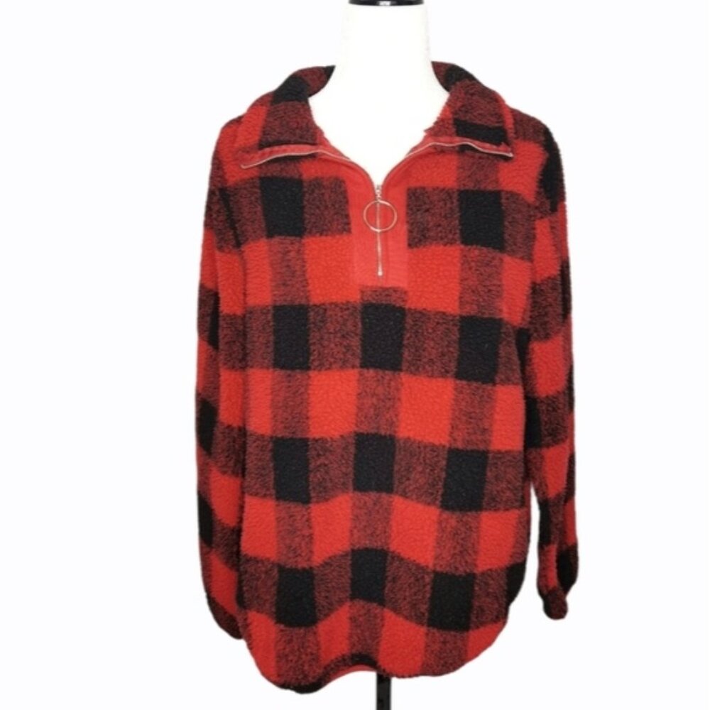 Plaid teddy Sherpa 1/4 zip sweater